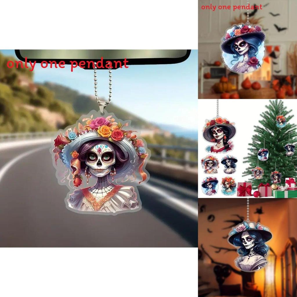 Car Decor Acrylic Halloween Cartoon Skull Flower Hat Design Pendant With Beaded Chain For Auto Interior