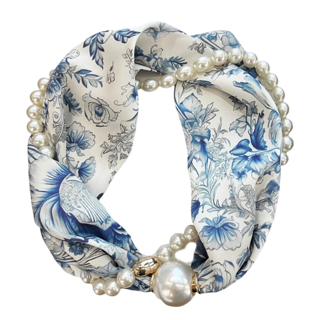 Magnetic Clasp Pearls Chain Necklace Floral Satins Scarf Elegant Silk Skinny Narrow Neckerchief for Fashionable Women