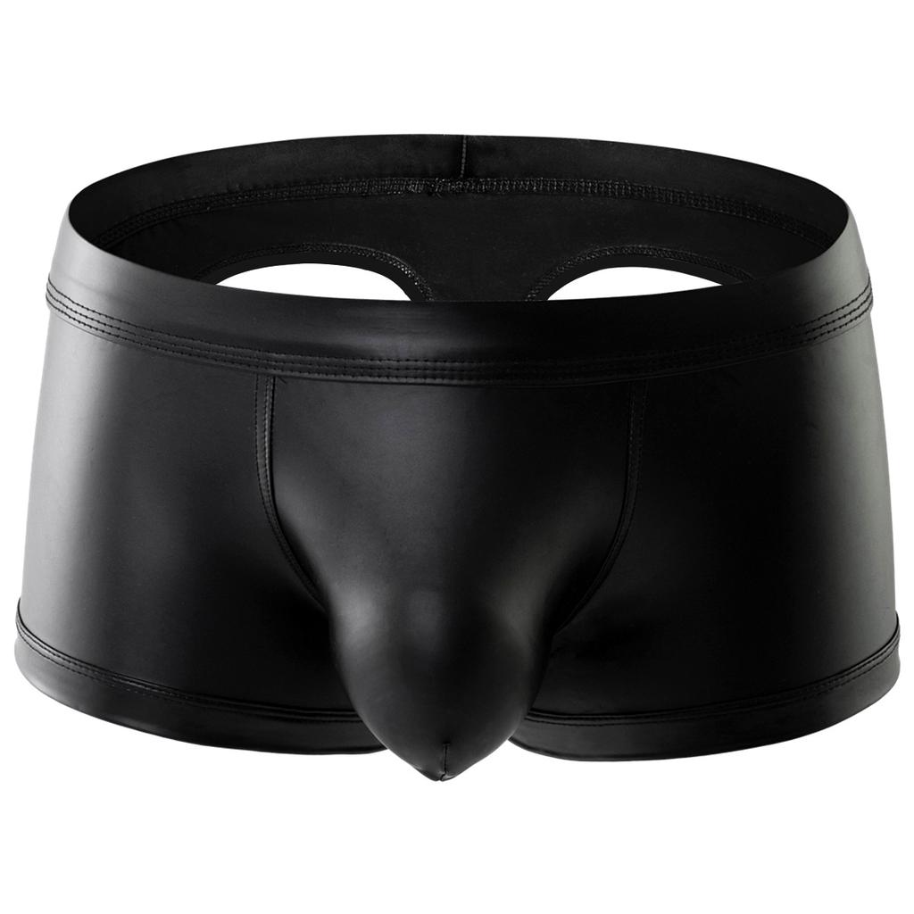 Men's Erotic Panties Cool Imitation Leather Underwear Buttocks Design Sexy Hollow Out Nightclub Boxer Shorts
