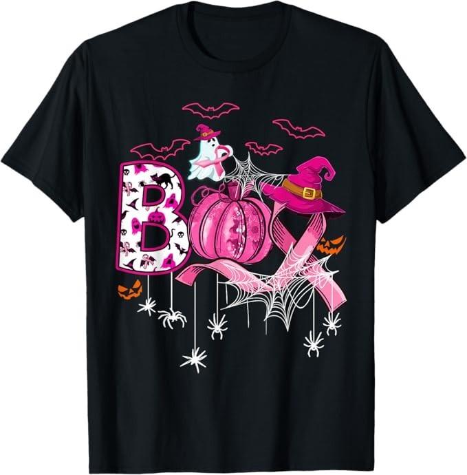 Boo Halloween Pumpkin Pink Ribbon Witch Breast Cancer T-Shirt