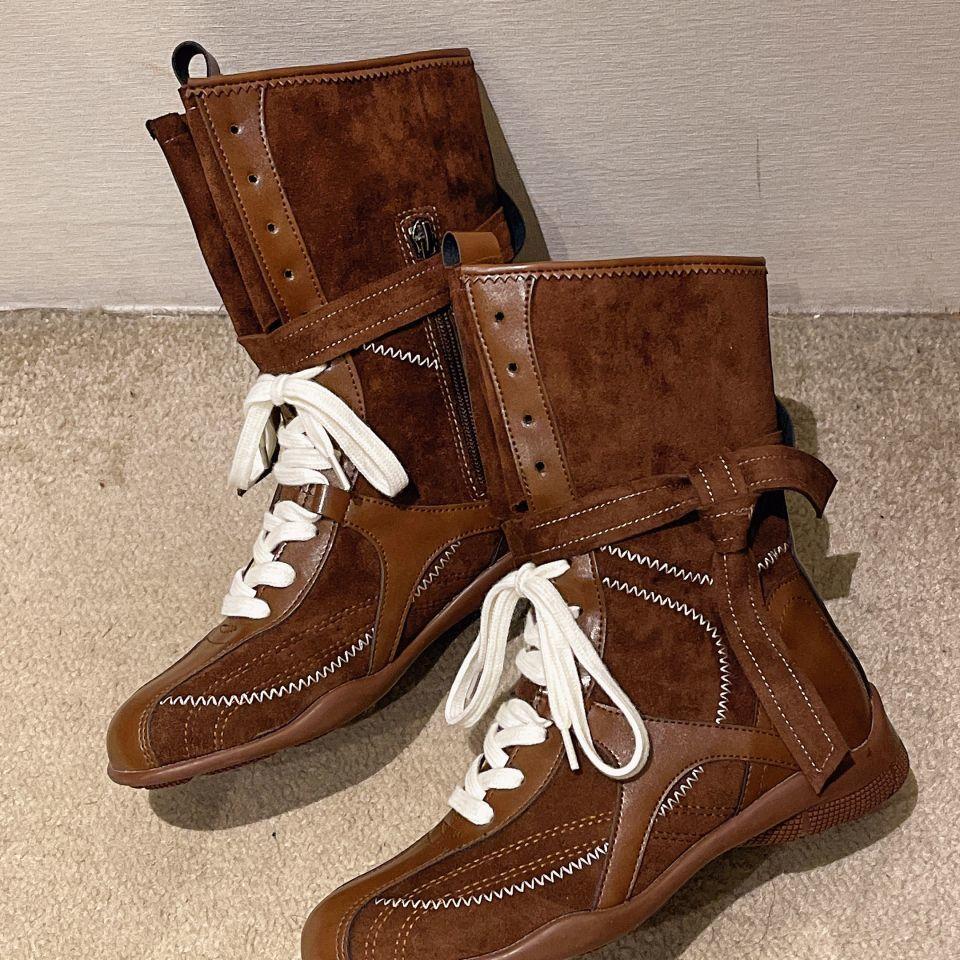 Martin boots women's 2025 new Korean version niche round head lace-up medium boots niche design retro brown boxing boots