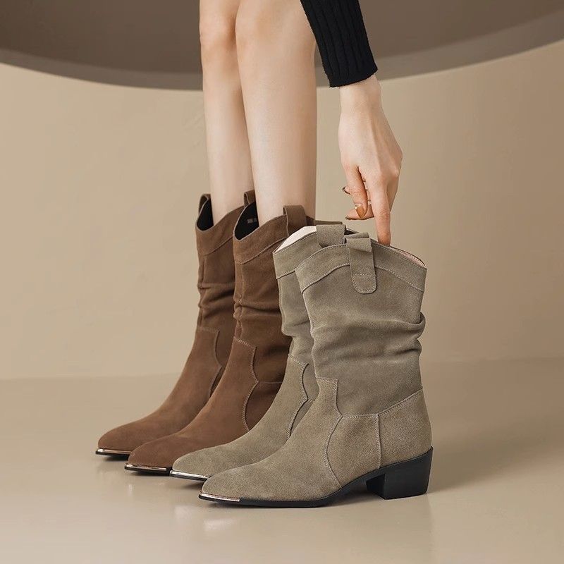Fashion Winter Middle Heel Fleece-Lined Ladies Mid Calf Shoes Designer Luxury 2025 Novelty New in Sale Fashion Women's Half High Boots