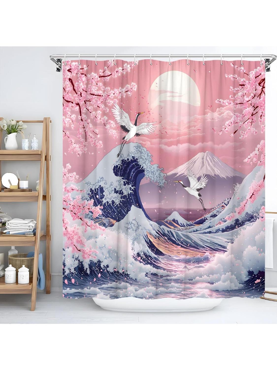 Japanese Ocean Shower Curtain Pink Cherry Blossom Flower Fuji Mountain Great Wave White Crane Sun Traditional Asian Oriental 90x180CM