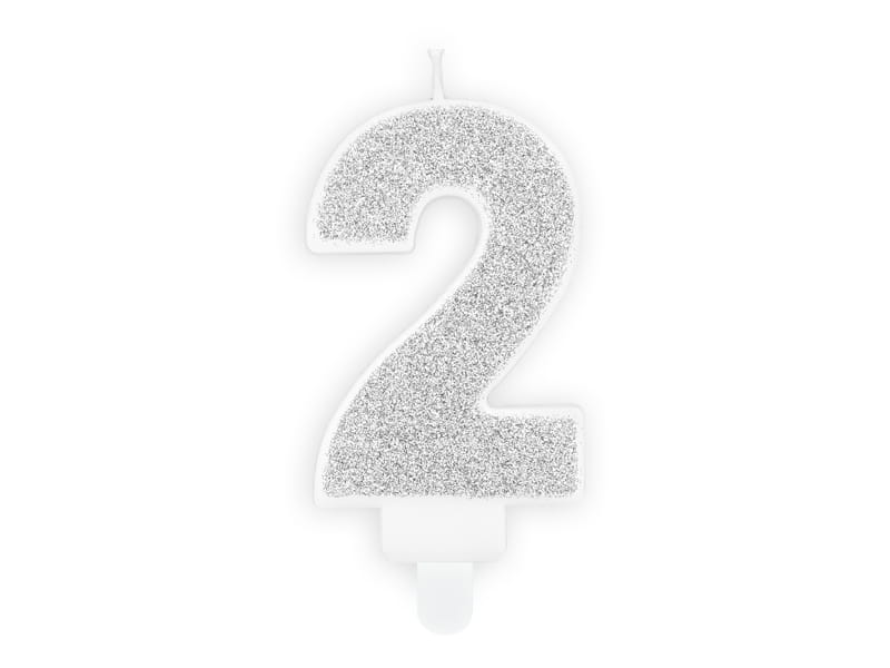 Świeczka Cyfra "2" Srebrna Brokatowa