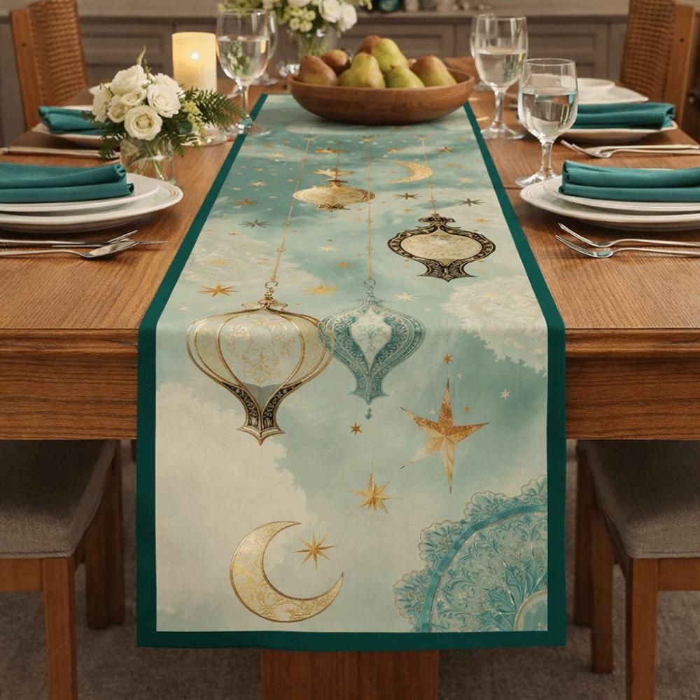 Floral Pattern Moon Star Table Runner Washable Eid Mubarak Table Runner  Home Decor