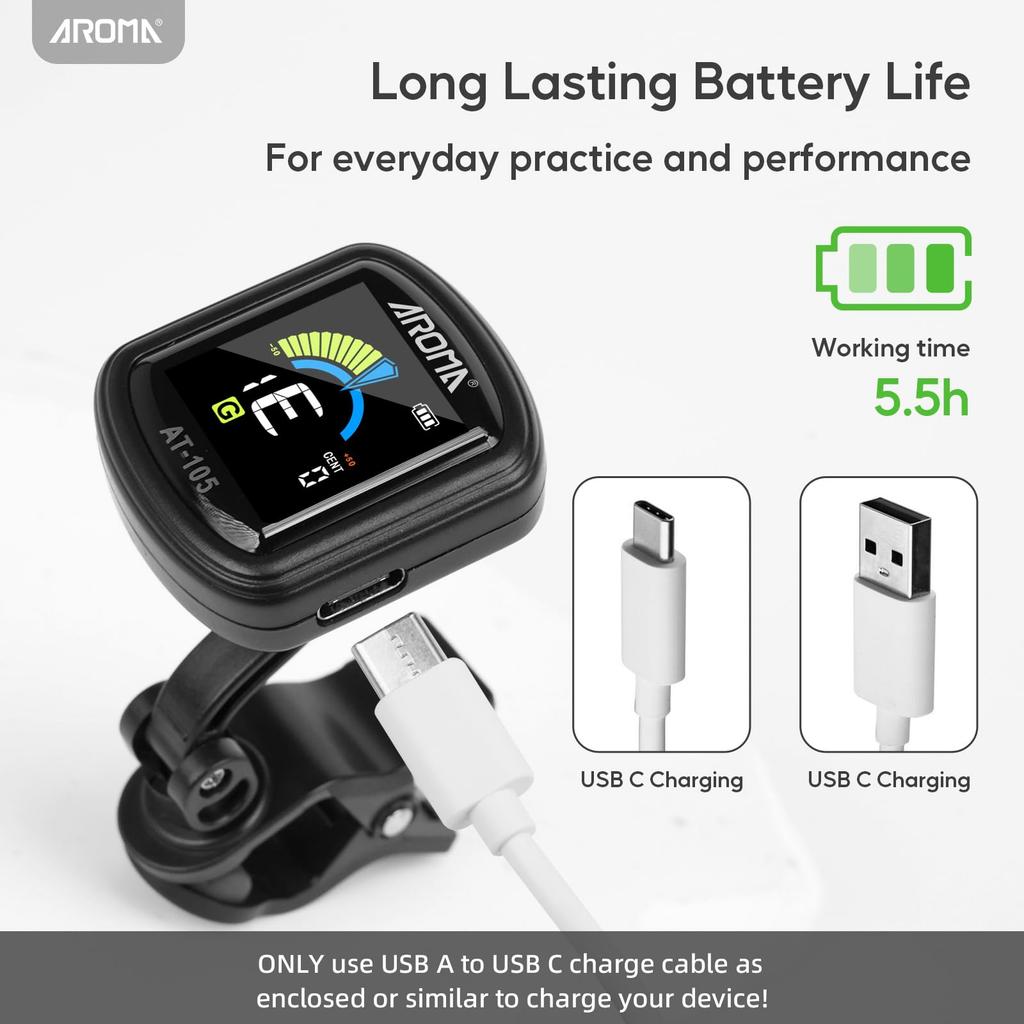 Aroma Clip Tuner, Rechargeable, Fast Tuning, High Precision, Chromatic Mode, 360-Degree Rotation, Color LCD, Compatible with Guitar, Bass, Ukulele,