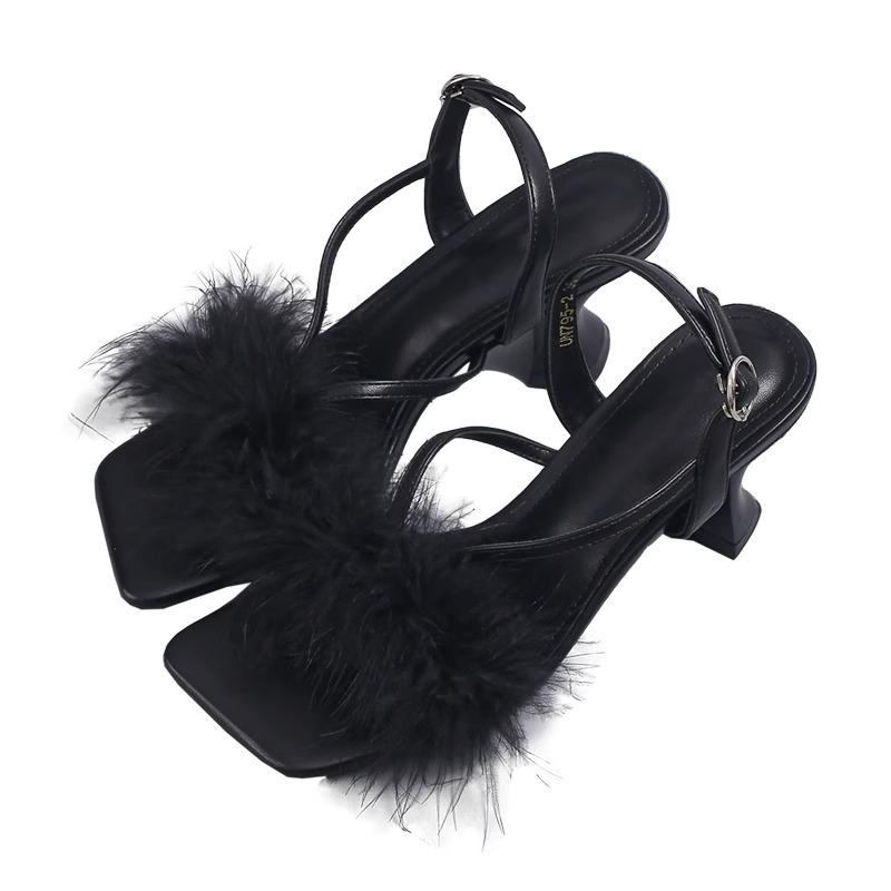 Maogu Feather Sandals for Girls Women Leather Narrow Band Ankle Strap Sandalias Summer Sexy Party Dress Stiletto Shoes Stilettos