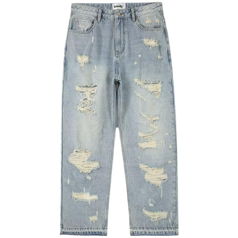 Ripped Jeans Men's European and American Vibe Style Ruffian Handsome Straight Trousers Summer American High Street Ins Retro Pants Tide