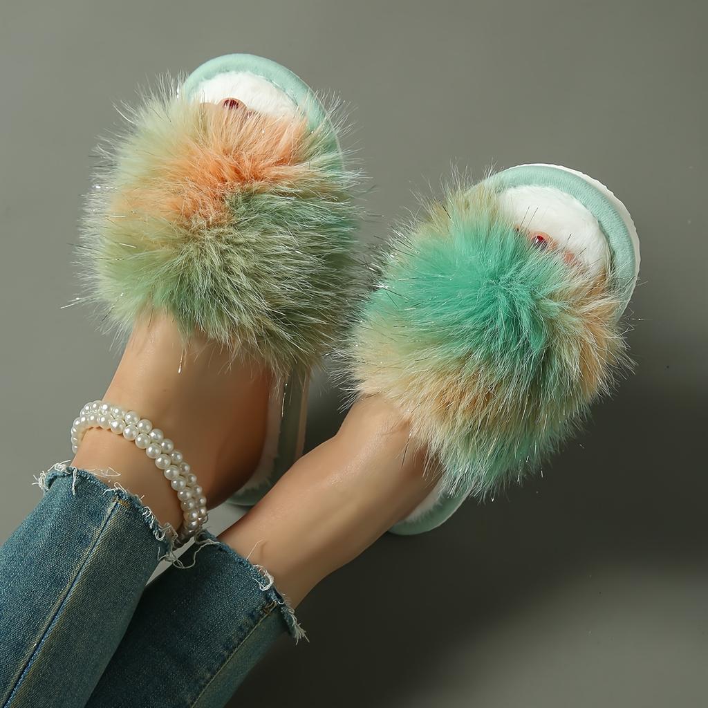 Ultra-Long Colored Plush Slippers Women'S Home Indoor Couple Home Straight Plush Slippers, Women Shoes