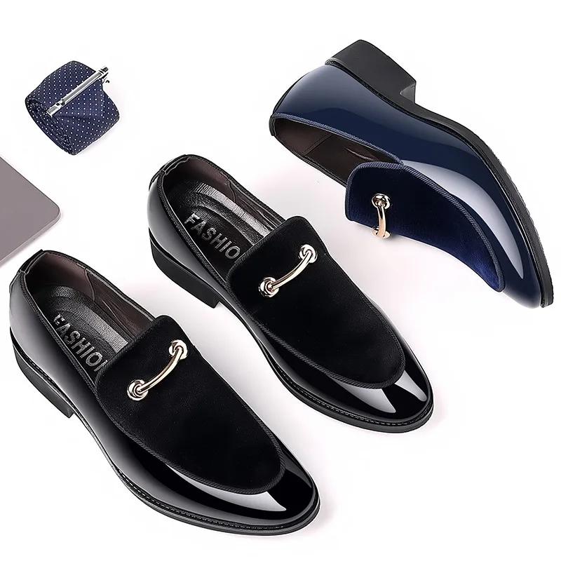 Men's Party Shoes Black Luxury Mens Formal Leather Shoes Slip on Patent Leather Business Casual Shoes Loafers Large Size