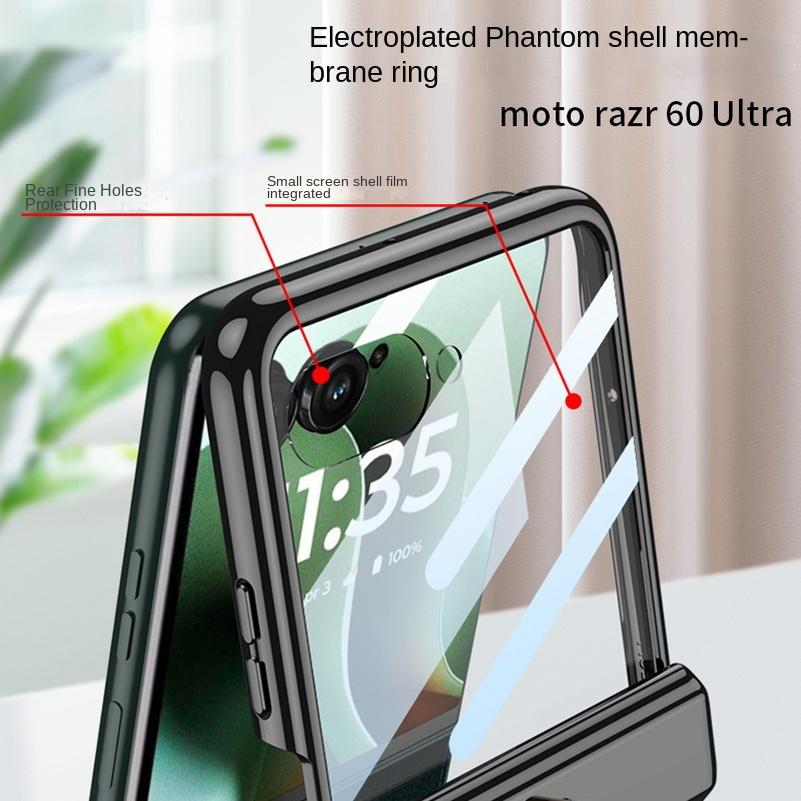 Electroplated Frame Transparent with Metal Ring Holder Hinge Glass Protective Film Case For Motorola Razr 60 Ultra Cover