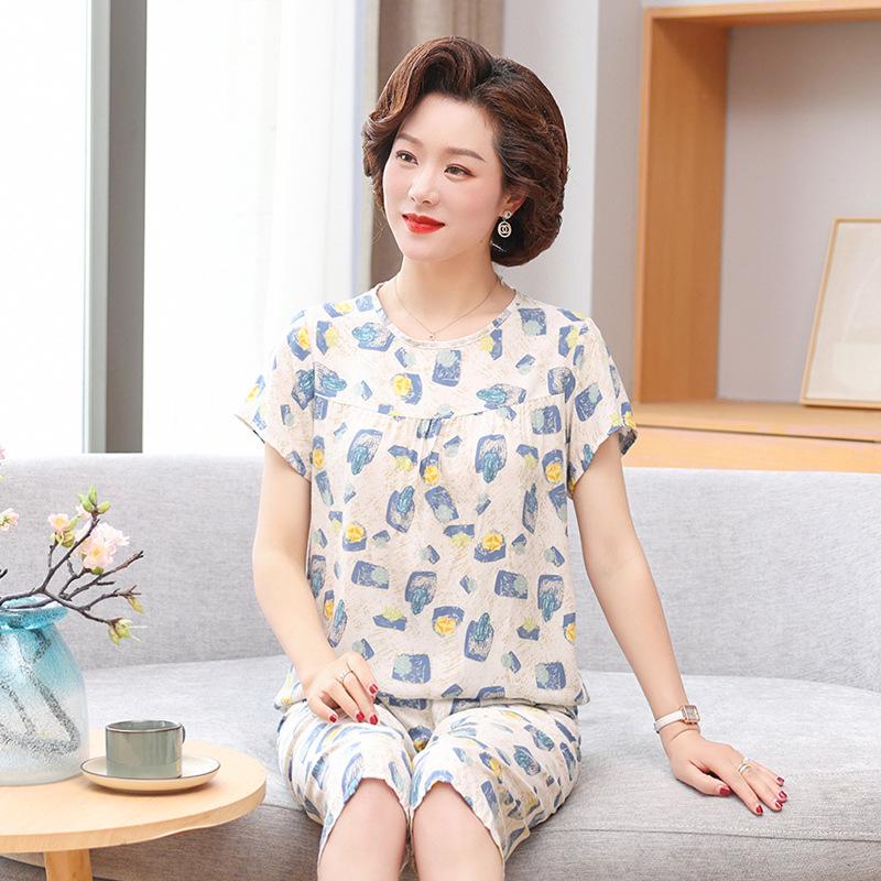 Pijamas de seda y algodón de verano para mujer: Conjunto holgado de dos piezas de manga corta para personas de mediana edad y mayores, talla grande, ideal para exteriores.