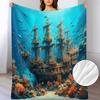 A Soft And Warm Fleece Blanket Featuring an Underwater Ship Design, Perfect for Use On Sofas, As a Home Leisure Blanket, for Air Conditioning, Napping