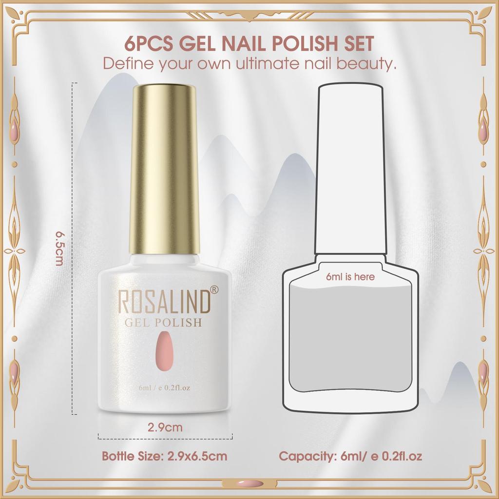 Rosalind Gel Nail Polish Set 6PCS Mini 6ml Pure Color Gel Base Bonding and Top UV Light Nail Art Nailplies.