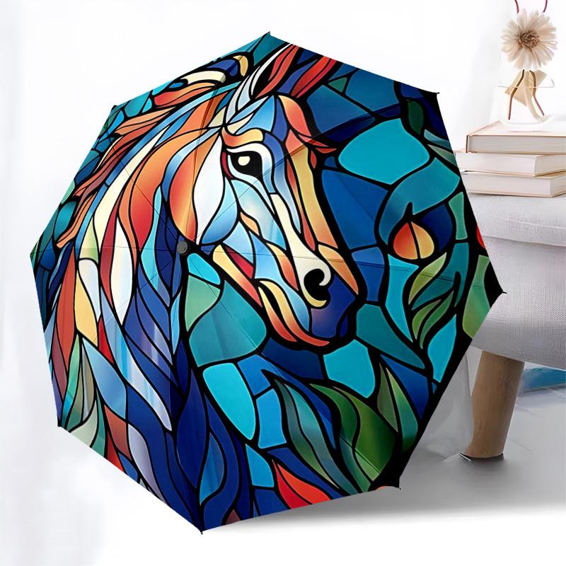 

1pc Stained Glass Horse Design Automatic Opening Folding Umbrella with 8-Rib Iron Frame - Portable Outdoor for Fans, Travelers, Daily Use, Festive Gif