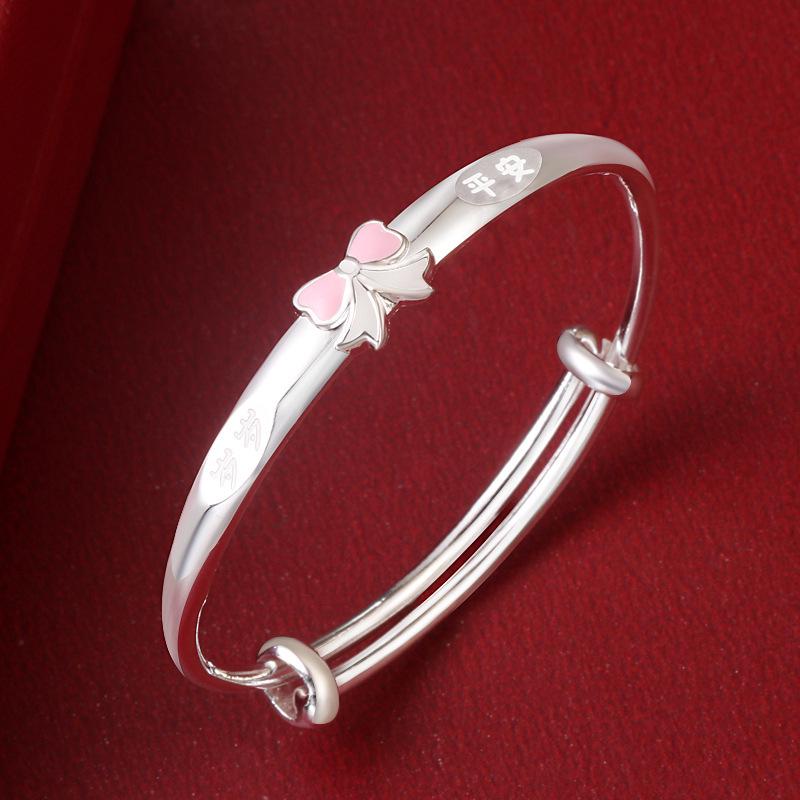999 Sterling Silver Year-after-Year Peace Bracelet for Girls - Ages 4-15, Medium/Large, Pink Bowknot Design
