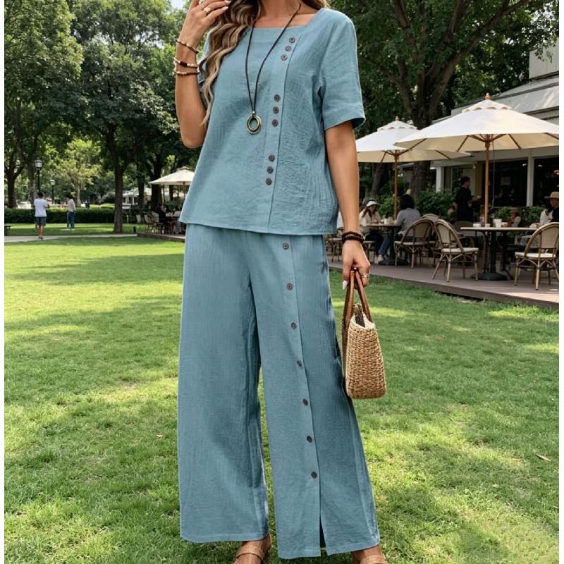 Women s Fashionable Loose Round-neck Button Short-sleeved Shirt and Wide-leg Pants Set S синий