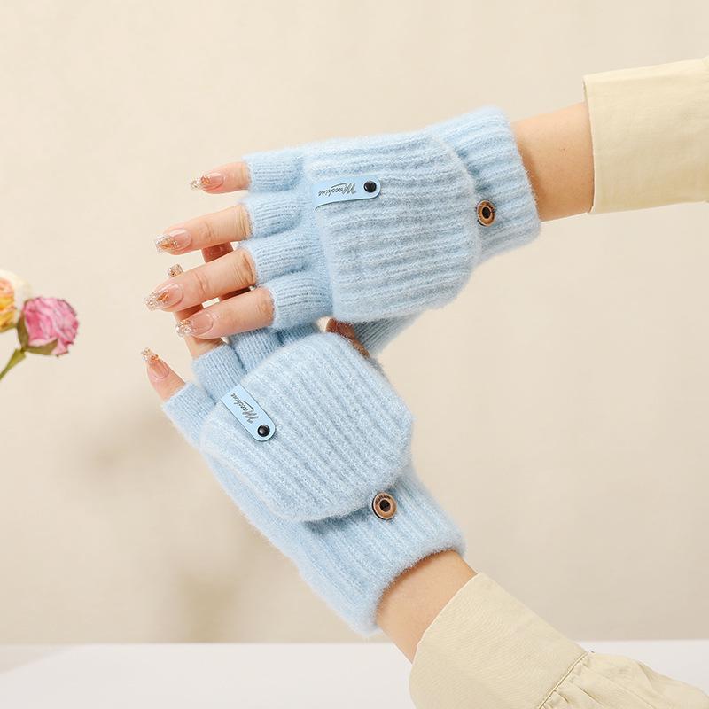 Women's Fingerless Wool Gloves with Flip-Top, Knitted Half-Finger Design for Winter Warmth and Cold Protection.