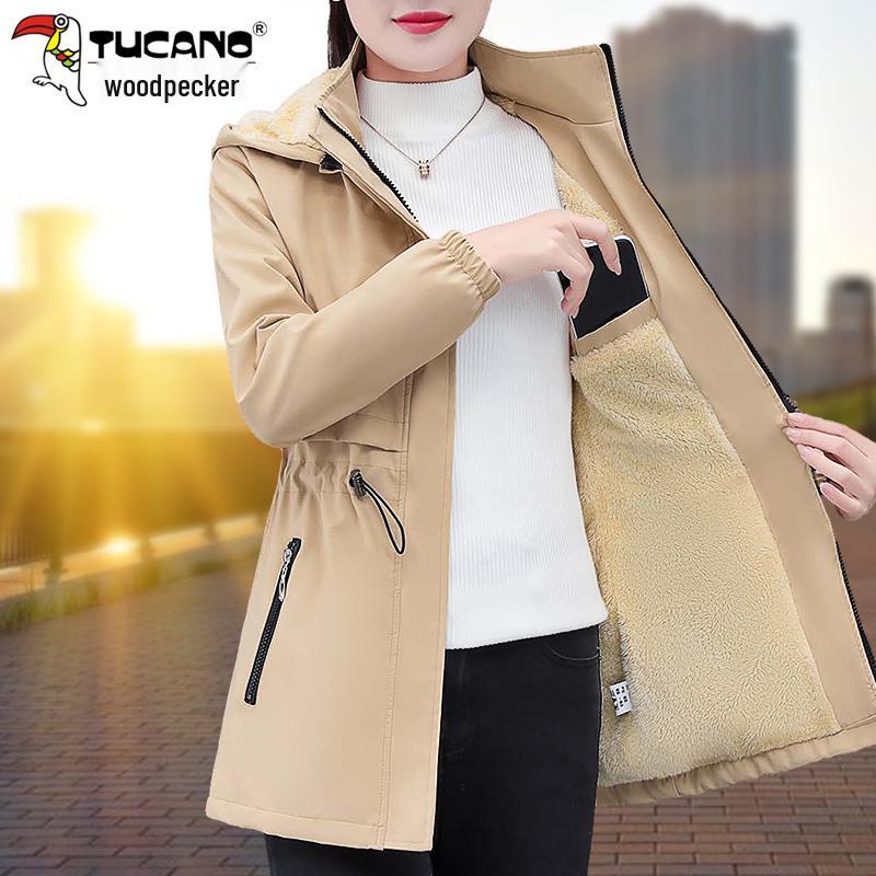 Women's Mid-length Hooded Windproof Fleece-Lined Jacket - Autumn/Winter 2025 Style