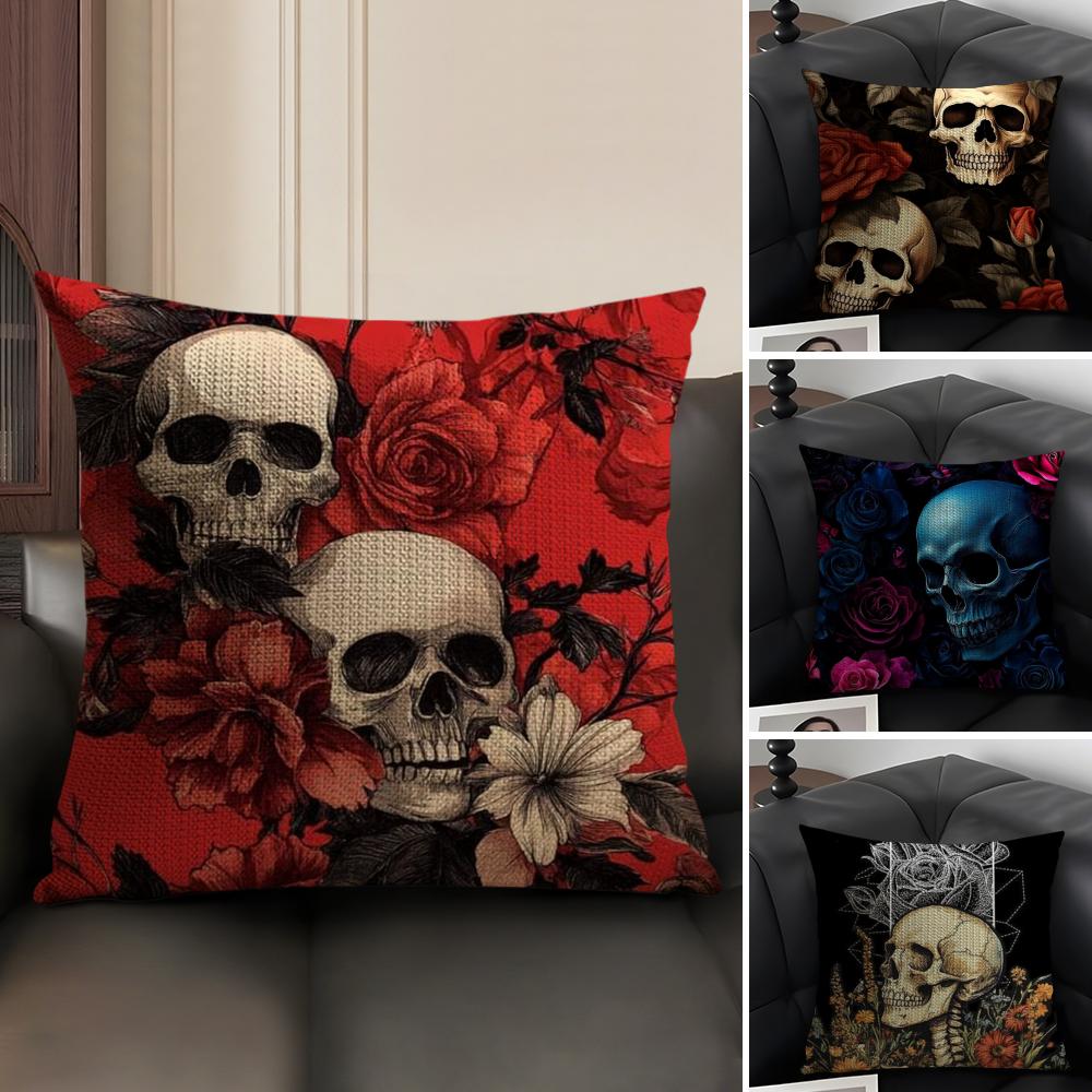 Luxurious Skull Pattern Cushion Cover Natural Linen Organic Fabric DoubleSided Printing Sofa Home Decor Breathable