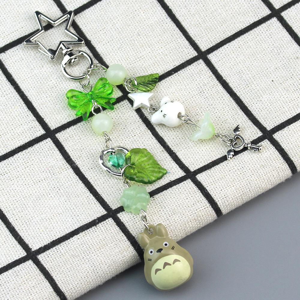 Handmade Cat Phone Chain Charm Fairy Core Four Leaf Clover Beaded Keychain Cute Ceramics Cat Keychain Bag Key Ring