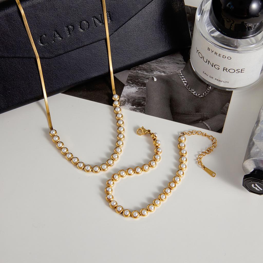 Yori Stainless Steel Imitation Pearl Bracelet Necklace For Women Stainless Steel Delicate Daily Sweet Jewelry Accessories