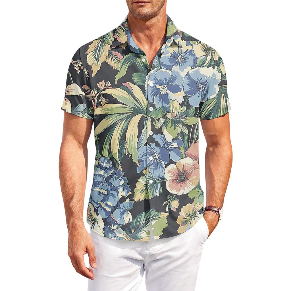 Men's Casual Loose Fit Hawaiian Print Short Sleeve Shirt Lightweight Breathable Summer Beachwear Button Down Shirt
