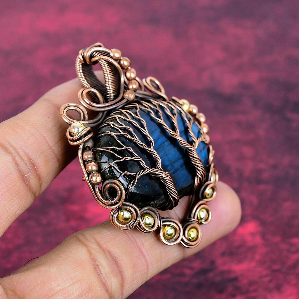 Tree Of Life Labradorite Gemstone Pendant Handmade Copper Wire Wrapped Pendant