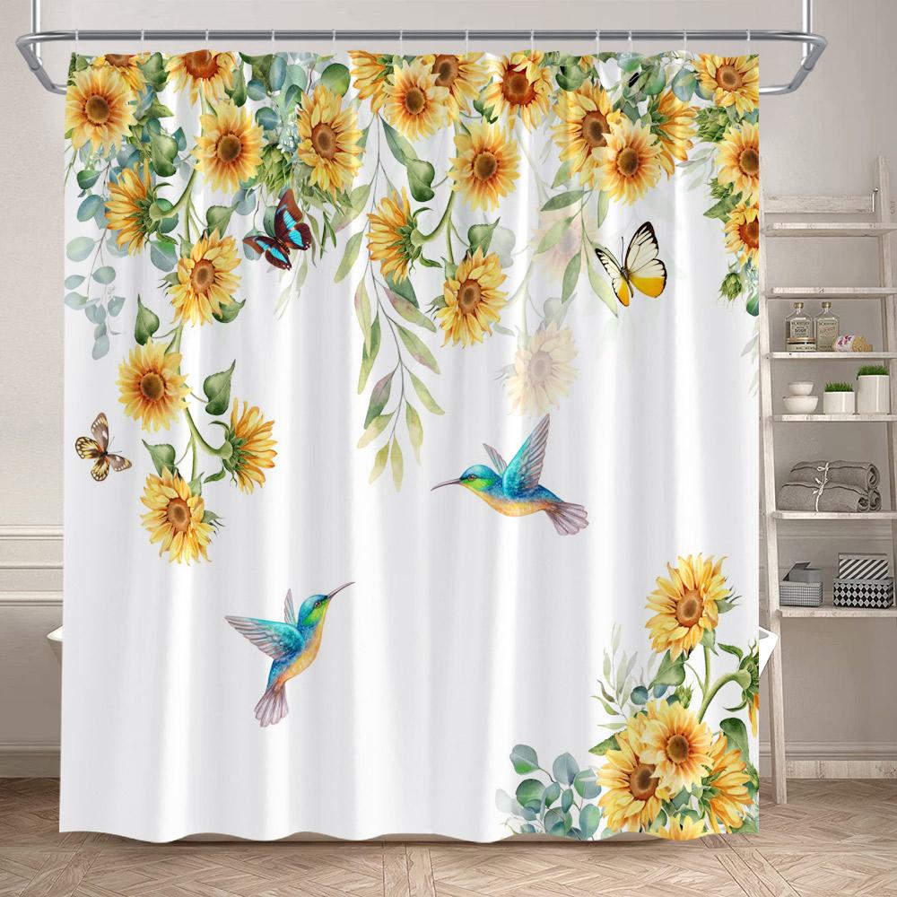 Rustic Sunflower Shower Curtain Butterfly Spring Floral Green Leaves Plant Bath Curtains Set Polyester Bathroom Decor with Hooks