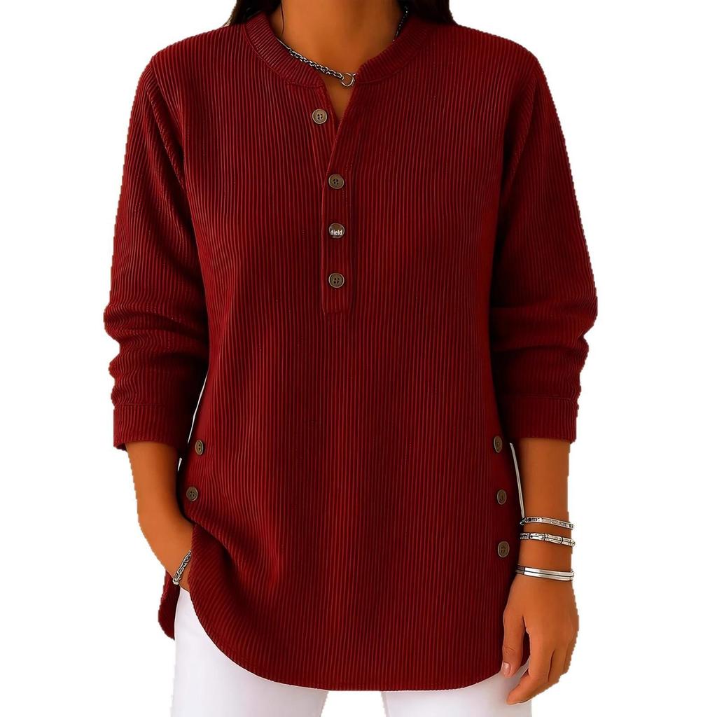 2025 Women's Loose V-Neck Corduroy Long Sleeve Top - Autumn/Winter Solid Color Casual Style