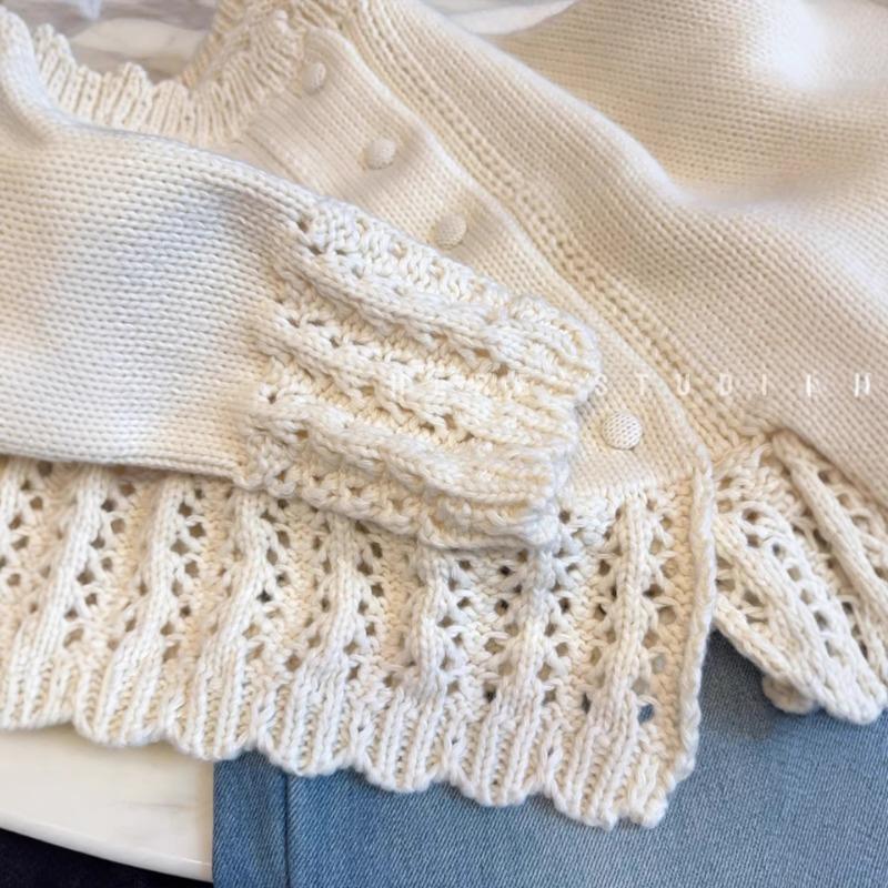 French Hollow Lace Round Neck Single-breasted Knitted Cardigan for Women in Autumn and Winter Gentle Style Loose Short Sweater Jacket