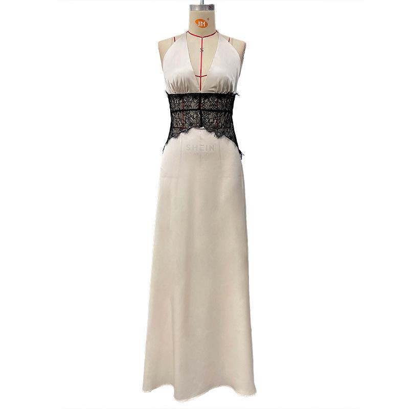 European Style 2025 Summer Women's Deep V Lace-Up Backless See-Through Slim Fit Dress