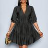Women’s V Neck Tiered Mini Dress with Three Quarter Sleeve Loose Fit Casual Gathered Skirt Pullover Style