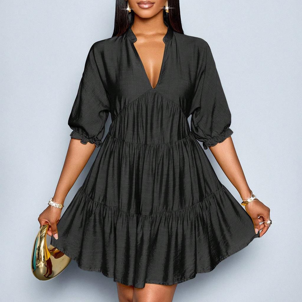 Women’s V Neck Tiered Mini Dress with Three Quarter Sleeve Loose Fit Casual Gathered Skirt Pullover Style