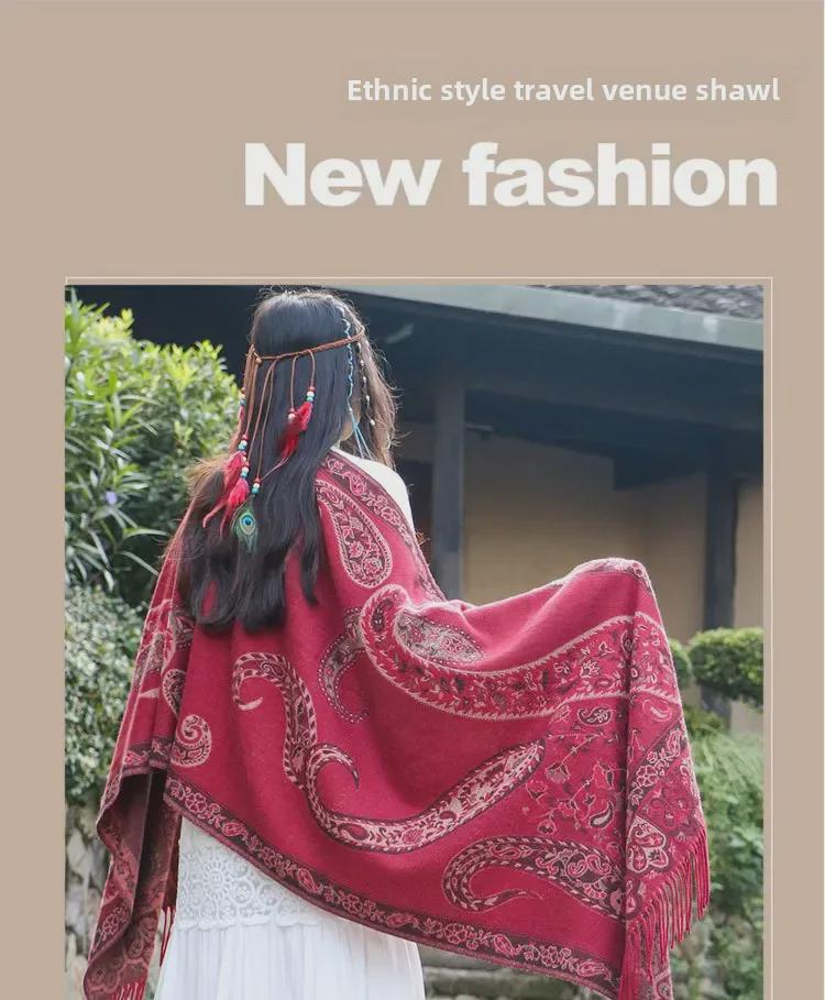 Ethnic Style Cashew Pattern Shawl Cloak Scarf: Imitation Cashmere, Thick, Dual-Purpose Women's Accessory for Autumn/Winter
