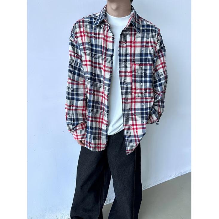 

2024 Клетчатая рубашка с длинным рукавом в японском стиле Гонконга Ins Свободная рубашка для мальчиков Летнее модное универсальное повседневное пальто 2XL красный