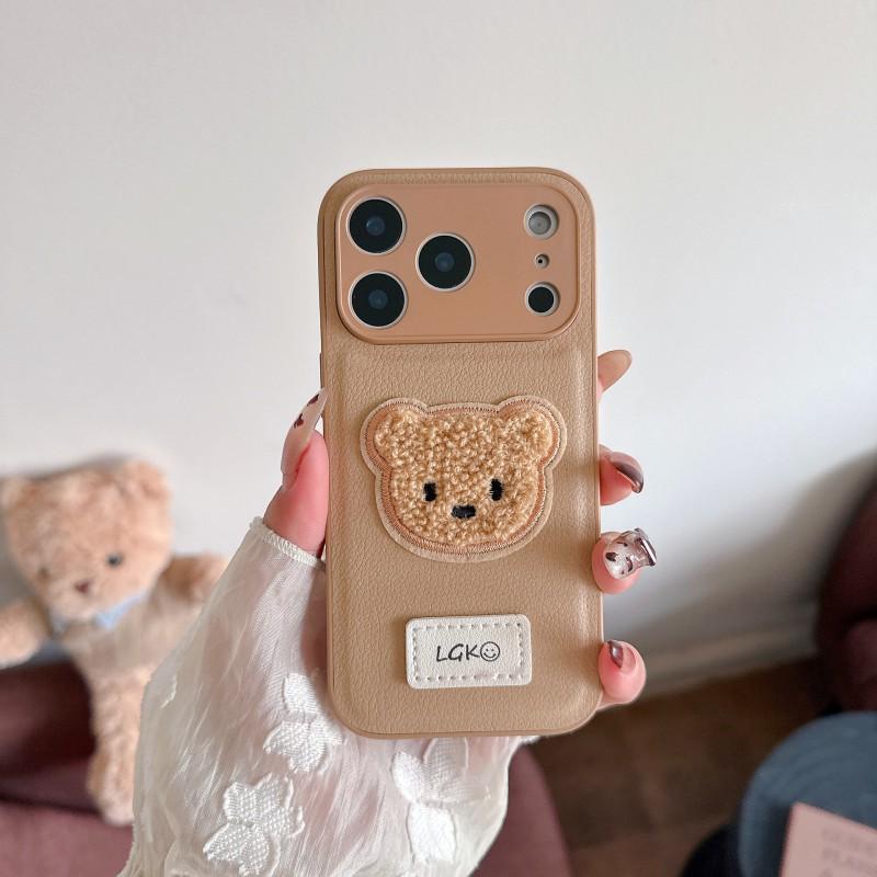 New Plain Leather Plush Teddy Bear Suitable IPhone 17 Promax Phone Case Apple 16 Anti Drop Protective