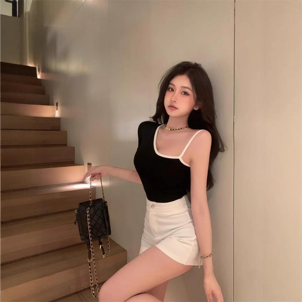 Black Spice Girl Suspender Half-Sleeve T-Shirt Women's Summer Design Sense Unique Chic Slim Halter Short Top