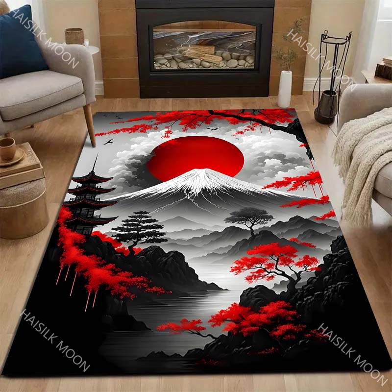 1PC Red Sun Mount Fuji Maples Pagoda Print Carpet for Living Room Bedroom Sofa Home Decor Rus Non-slip Floor Mat Luxury Gift