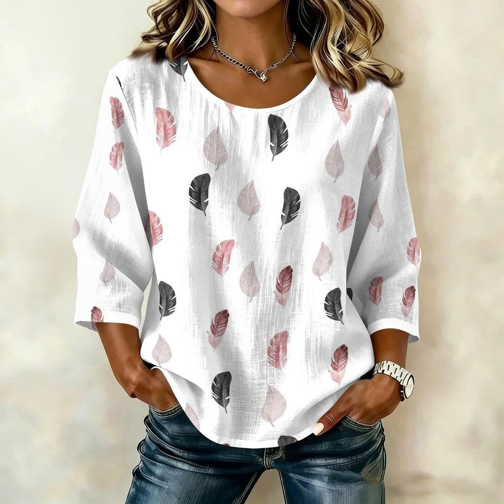 Women's Casual Floral Print Round Neck Three Quarter Sleeve Linen Cotton Blouse Lightweight Loose Fit Top for Everyday Wear