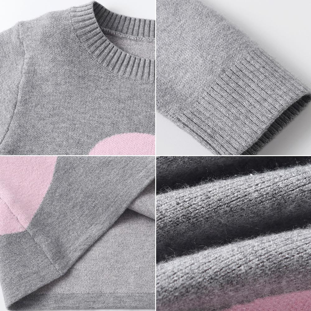 Vår och Höst Rundhalsad Kärlek Jacquard Flickor Stickad Klänning Prinsessklänning Barnkläder Mellanstora och Stora Barns Tröjklänning
