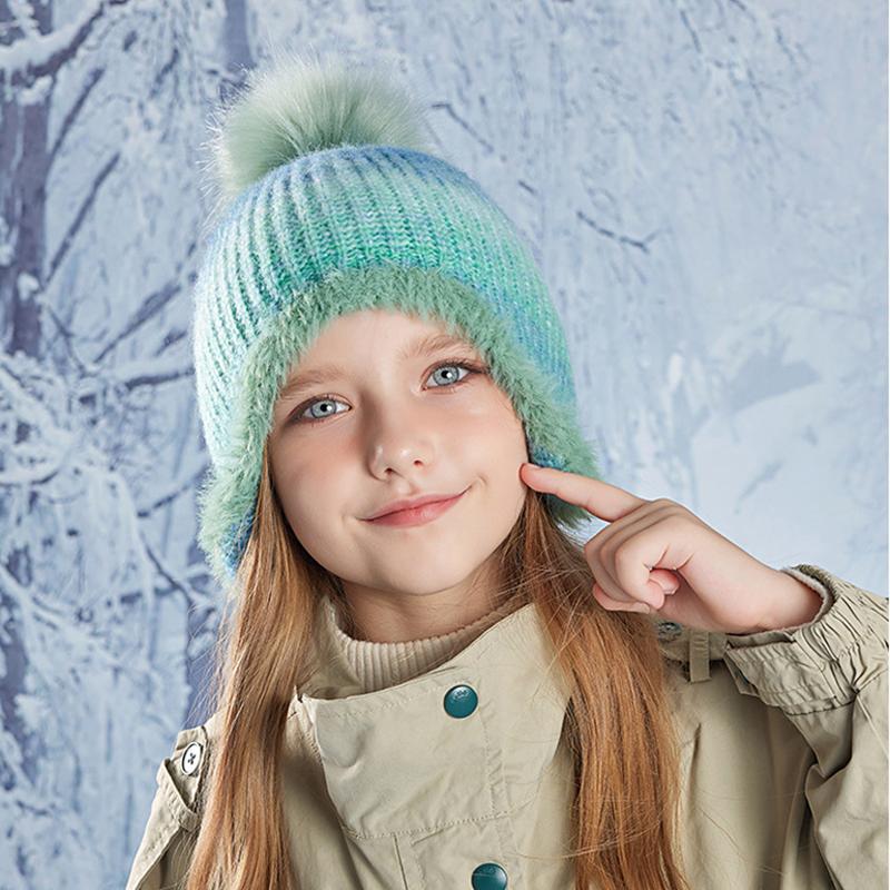 Korean Colorful Kids Hats Cute Fur Ball Knitted Hat Girl's Winter Ear Protection Caps Outdoor Plus Velvet Warm Hoods Accessories