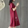 Bumbac și in, stil etnic retro, brodate lejer pentru femei, ocazională, rochie de lungime mijlocie, cu mâneci scurte, cu gât rotund de vară
