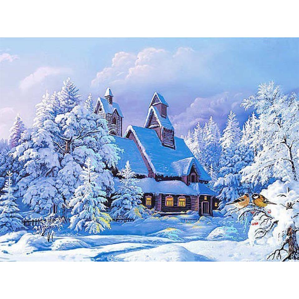 5D DIY Diamond Painting Landscape Winter House Full Round Rhinestone Embroidery Cross Stitch Kit Mosaic Picture Decoration Gift