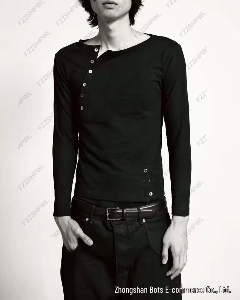Unisex Casual Slim Long Sleeve T-Shirt with Side Button Design