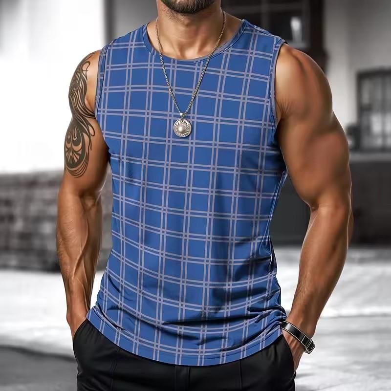 Canotta Uomo Retro Stampa 3D Quadri Righe Grafica Senza Maniche Girocollo Larga Streetwear Moda Estiva Canotte Casual