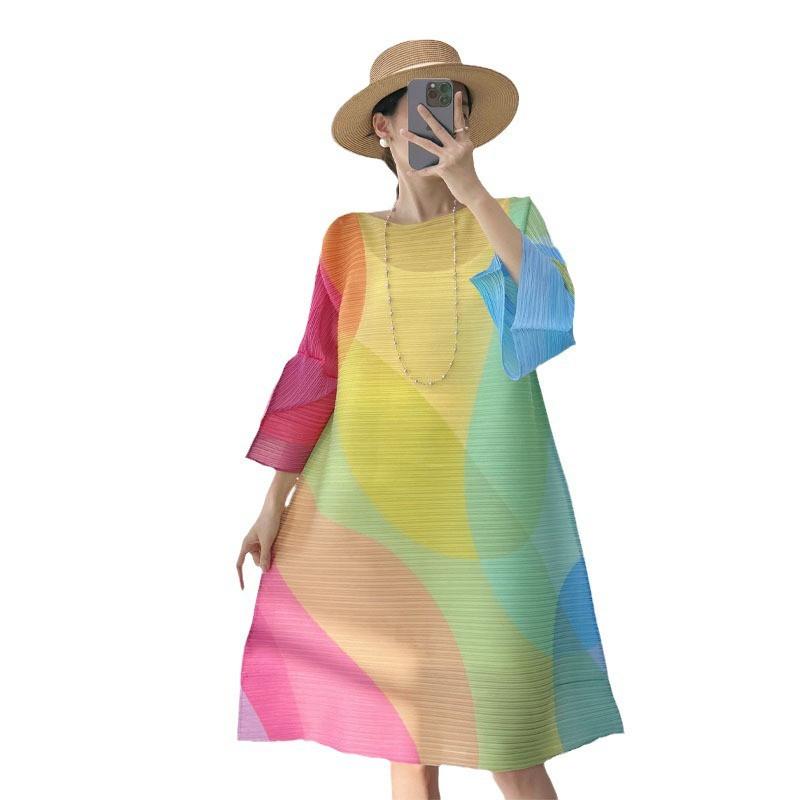 Geometric Print Pleated A-Line Midi Dress With Flared Sleeves Loose Fit