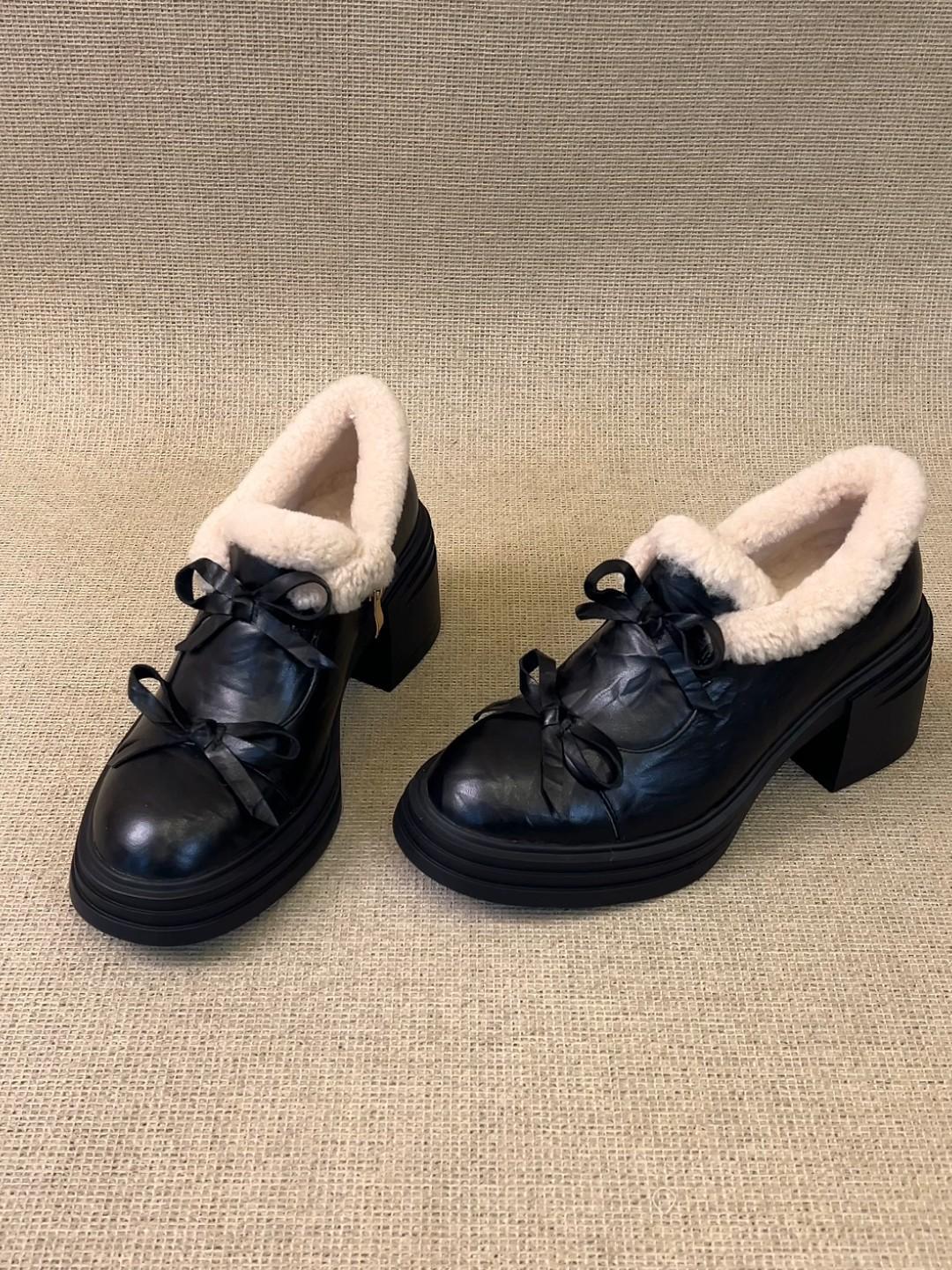 Первая встреча сезон ретро круглая голова двойной бант лоферы ручная царапина толстый каблук глубокий вырез одинарные туфли 40 чёрный