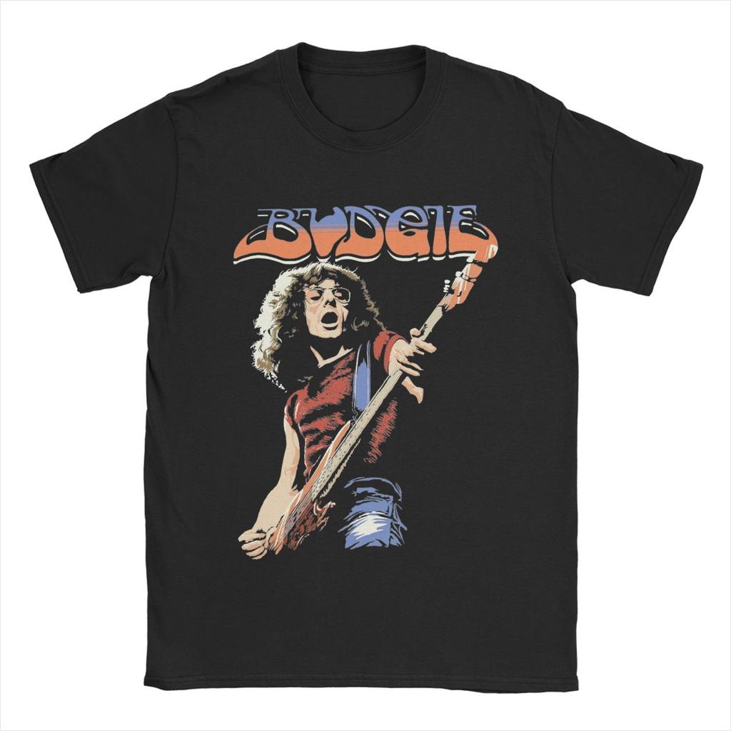 Budgie Band Burke Shelley Guitar T Shirt Men's Cotton Funny T-Shirts Round Collar Tees Short Sleeve Tops Plus Size