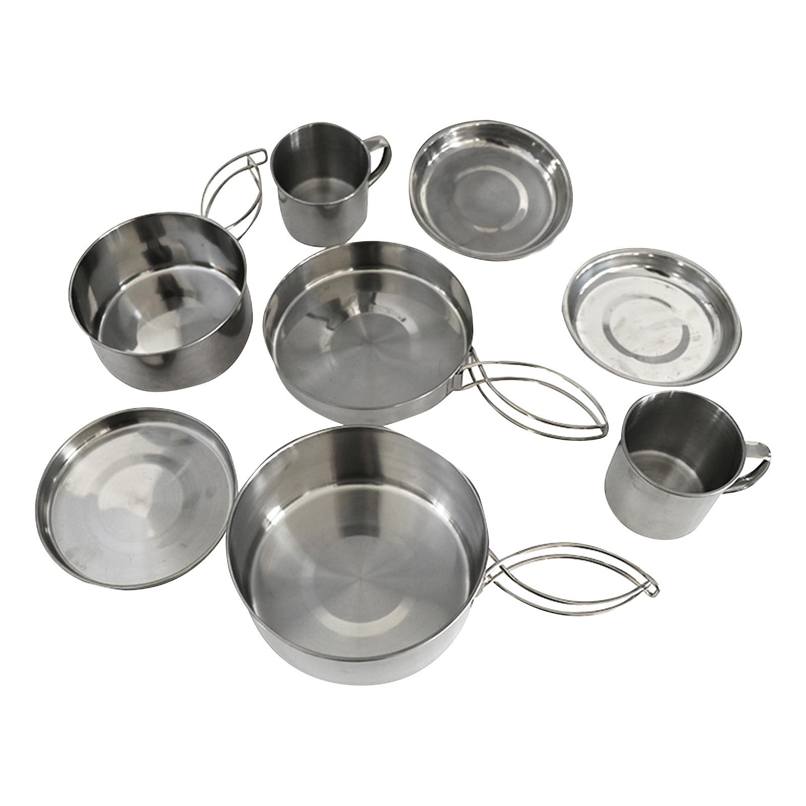 

Набор посуды из нержавеющей стали для кемпинга на открытом воздухе, складной набор горшков, набор из 8 предметов, тарелка для пикника на открытом воздухе, миска, чашка, набор посуды One Size серебряный